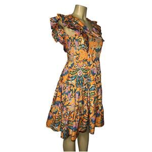 BEULAH Floral Orange Midi Dress Women Size S Botanica Cottage Core Twee …